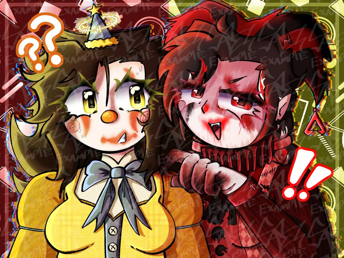 Two Clown Girls — character design of a clown and a jester, digital illustration
