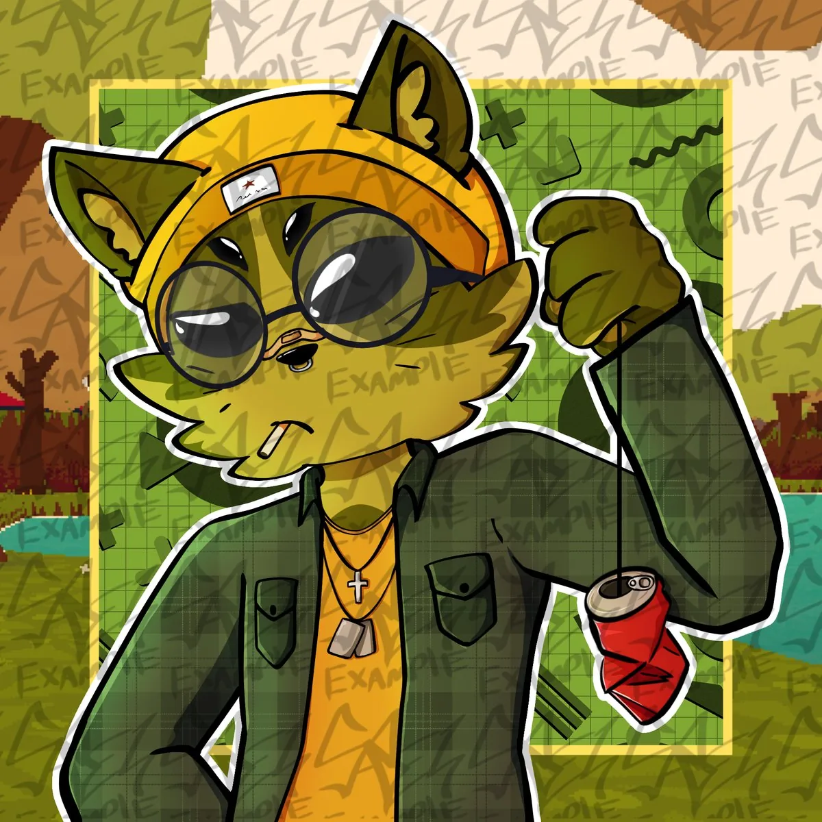Webfishing Cat — green cat with glasses, yellow beanie and green-and-yellow outfit holding a can on a string, digital illustration